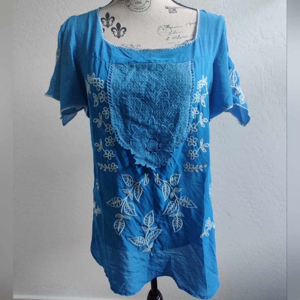 🆕 Monoreno floral embroidered flutter Sleeve Turquoise blue blouse Fairycore_Sm